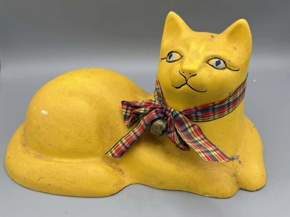Vintage Yellow Cat Figurine 10 Inch Primitive Folk Art Country Decor Plaid Bow